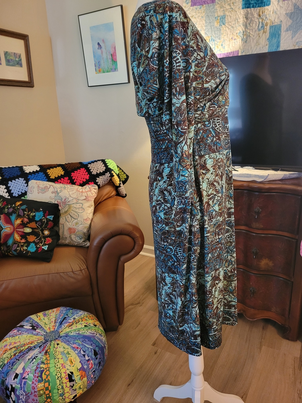 Coldwater Creek Teal and Brown Patterned V-Neck Long Sleeve Dress - Picture 4 of 5